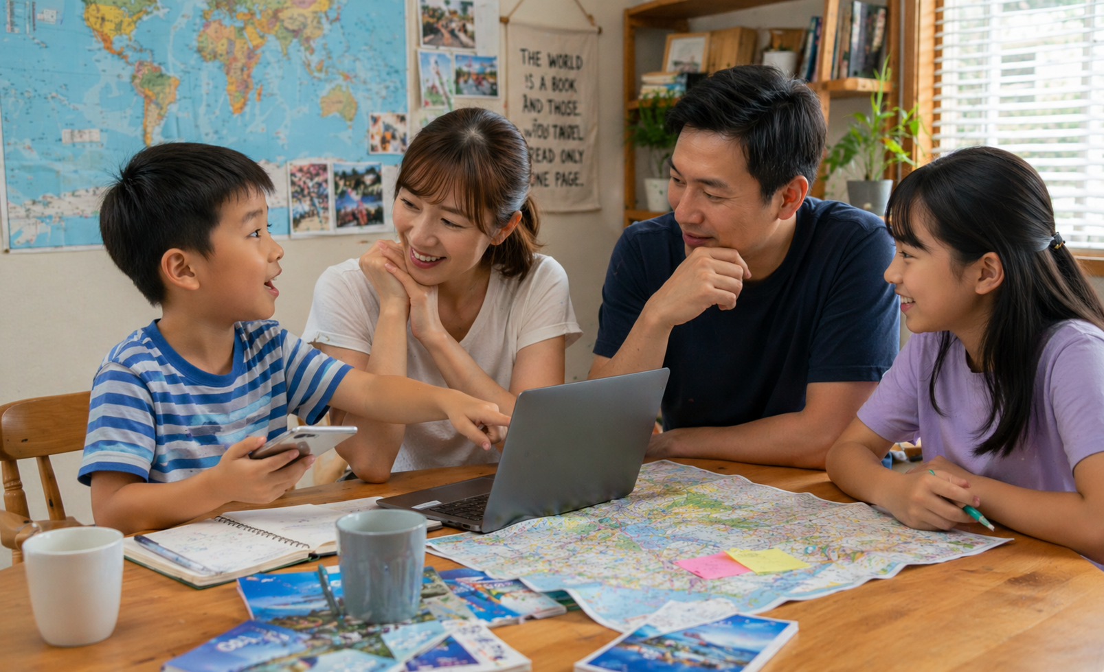 一家四口圍坐在餐桌前討論暑假旅行計畫，孩子主動分享想法，父母專心聆聽，共同規劃親子旅遊行程。