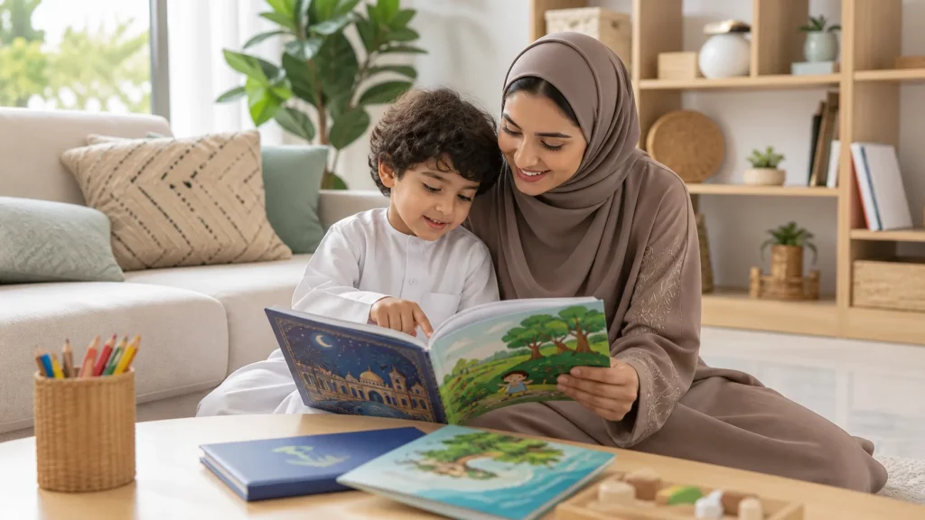 طفل سعودي يقرأ كتابين بالعربية والإنجليزية مع والدته