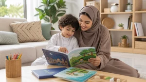 طفل سعودي يقرأ كتابين بالعربية والإنجليزية مع والدته