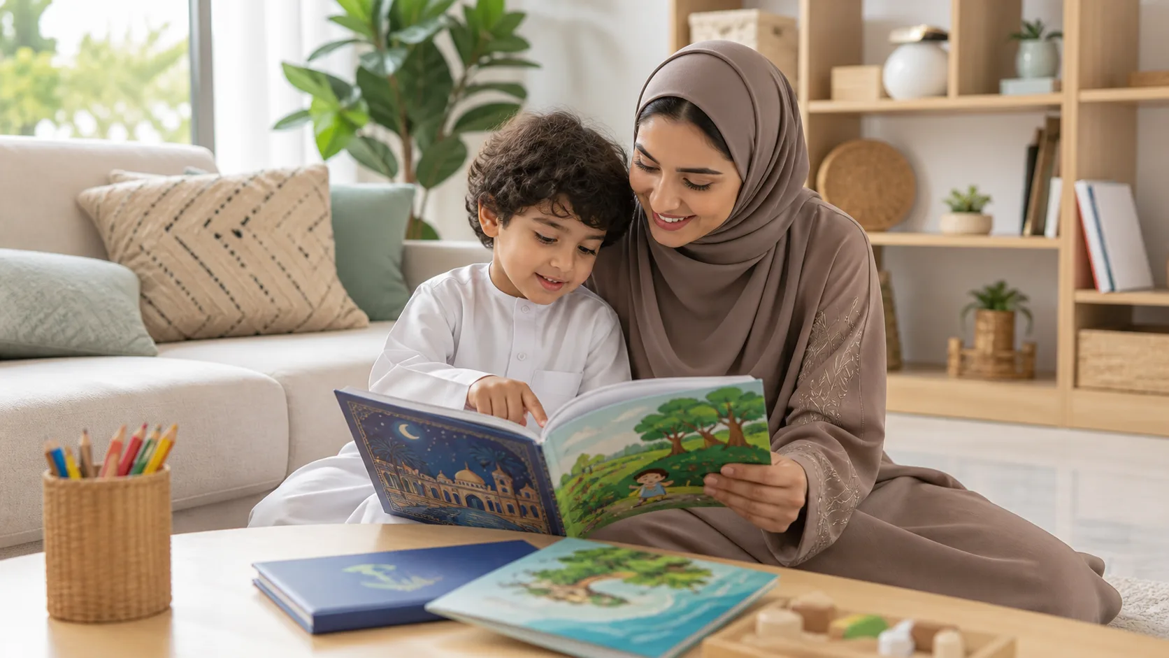 طفل سعودي يقرأ كتابين بالعربية والإنجليزية مع والدته