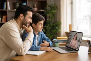 أب وطفل يختاران استراتيجية المعلم في درس إنجليزي فردي عبر الإنترنت