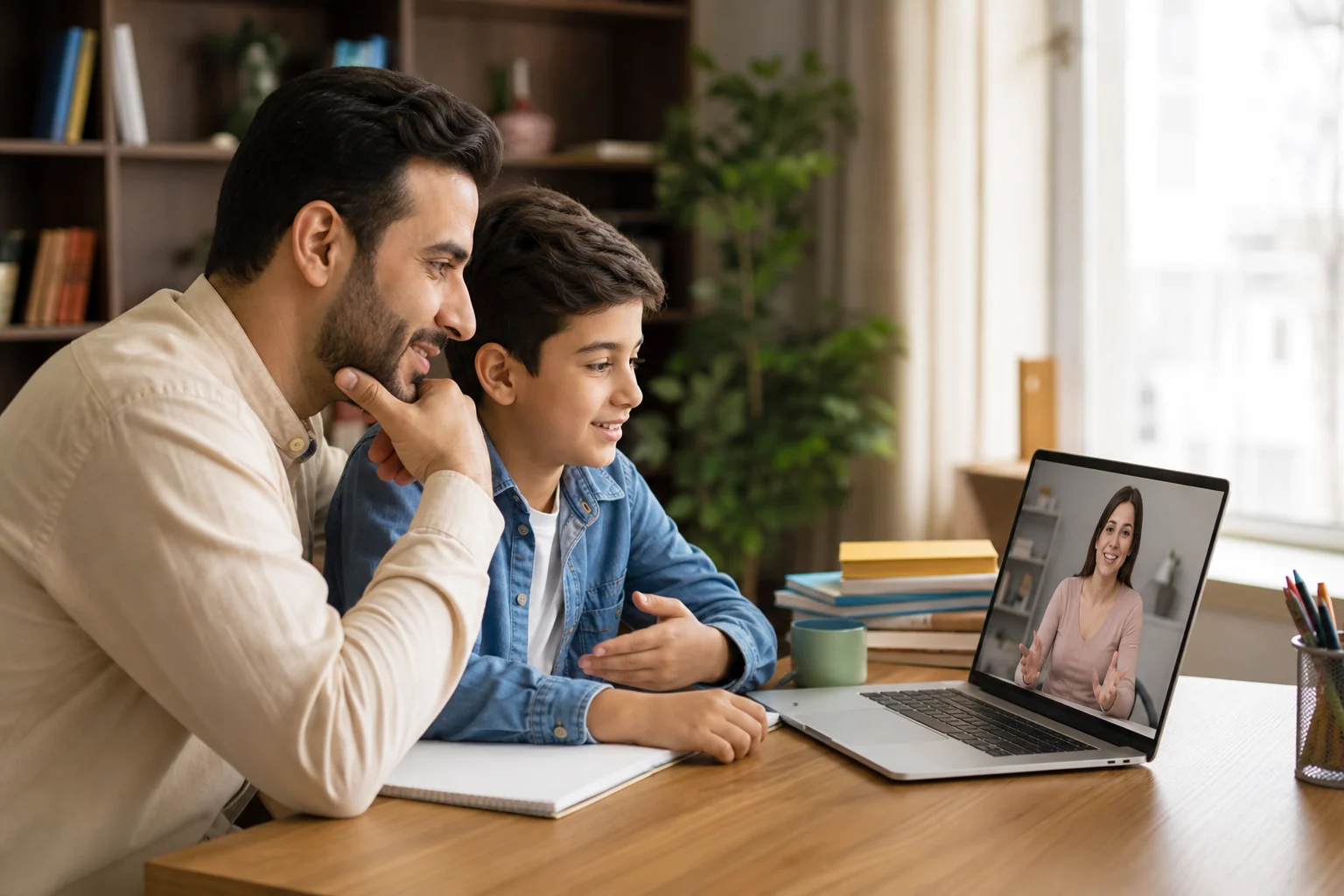 أب وطفل يختاران استراتيجية المعلم في درس إنجليزي فردي عبر الإنترنت
