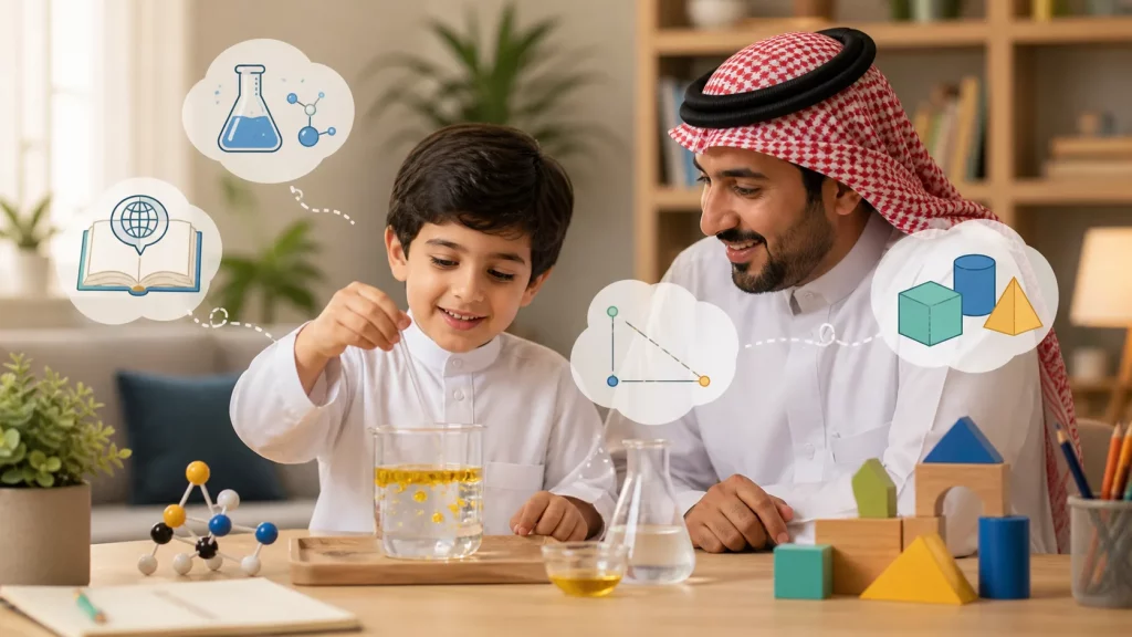 طفل سعودي يربط الإنجليزية بمفردات العلوم والرياضيات