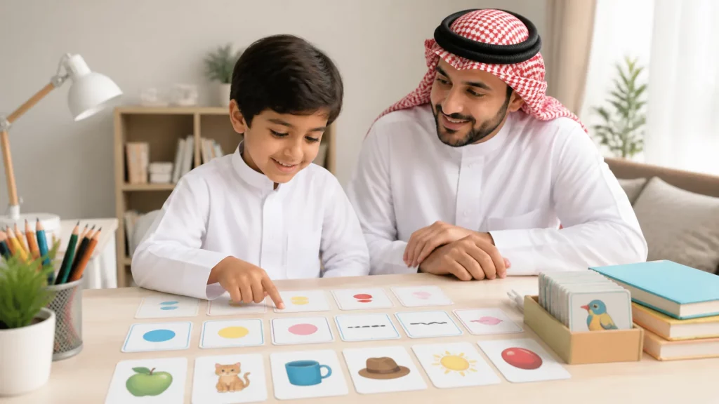 طفل يتعلم قراءة الكلمات الإنجليزية من الصور والأصوات