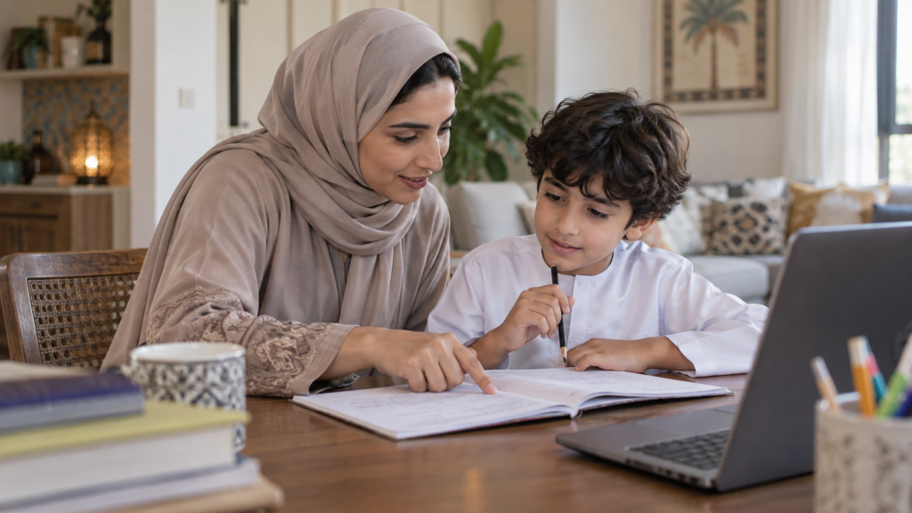 أم تراجع مع طفلها ملاحظات تعلم الإنجليزية بعد حصة عبر الإنترنت