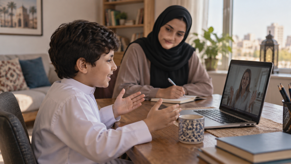 طفل يتدرب على المحادثة الإنجليزية عبر الإنترنت ووالدته تدون ملاحظات