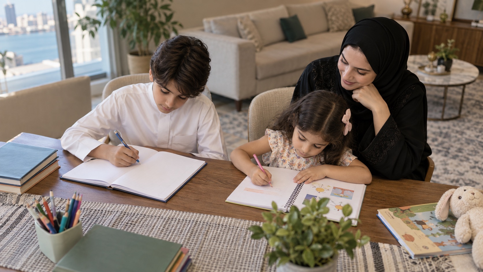 طفلان من عمرين مختلفين يدرسان في دفترين منفصلين مع متابعة والدتهما