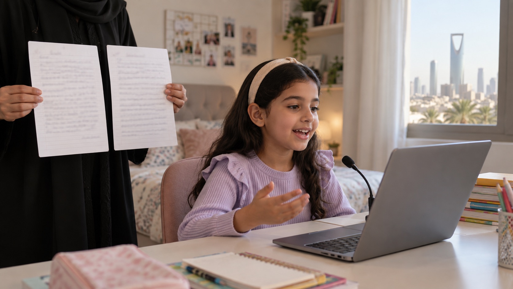 طالبة تتدرب على التحدث بالإنجليزية وتقارن والدتها عينتين من كتابتها